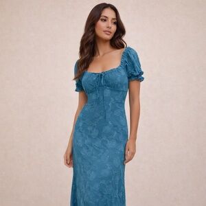 Urban Outfitters Teal Floral Lace Midi Dress XS Puff Sleeve